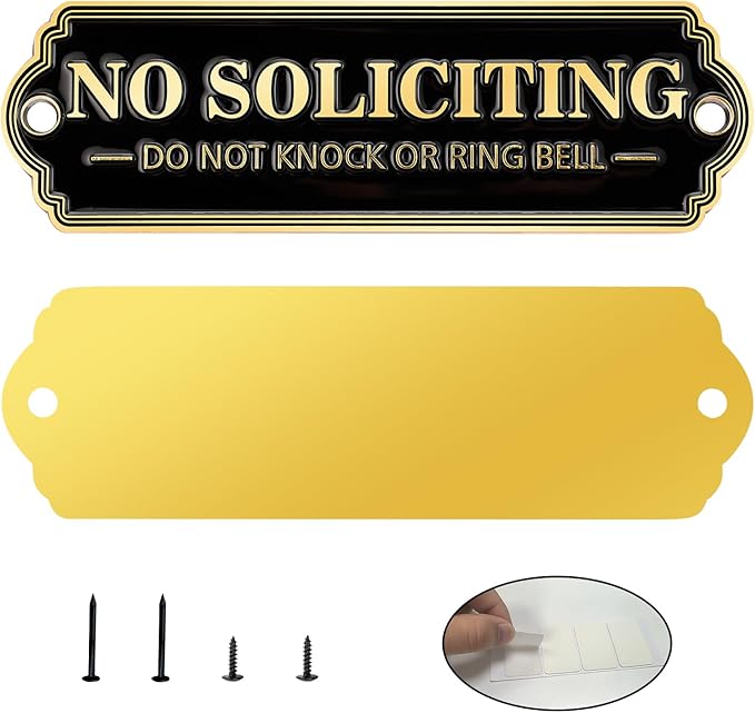 Brass No Soliciting Sign, No Soliciting Sign for House - Solid Brass Wall Plaque Handmade Traditional Home Decor, Elegant No Soliciting Do Not Knock or Ring Bell Sign for Office and Business (Brass No Soliciting Sign Yellow, 5 x 1.6 inches)