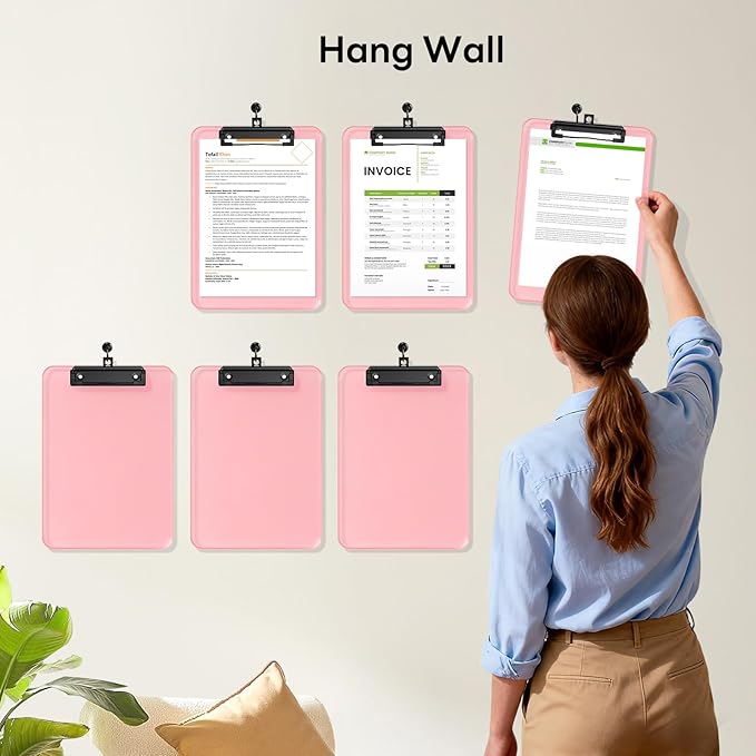 Zoenley A4 Plastic Clipboard Set of 12, Pink 12.5 x 9 Letter Size for Classroom, Students, Teacher, Nurse, A4 Clear 8.5 x 11 Clip Board with Low Profile Black Clip, Office & School Supplies