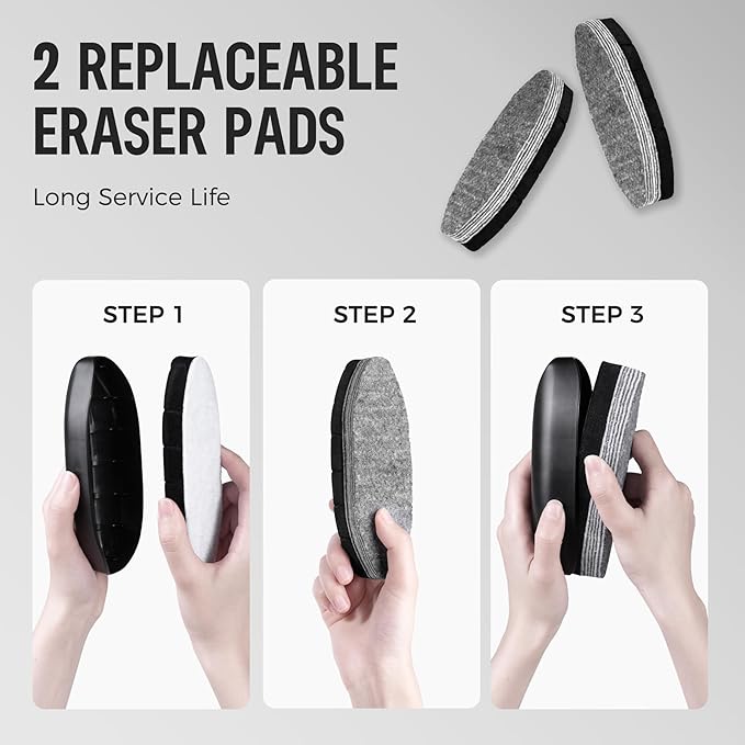 loukin Dry Erase Eraser with Replaceable Felt Pad, Whiteboard Eraser with 12 Peel-Off Layers, Magnetic Holder Includes, for Classroom, Home, and Office, Black