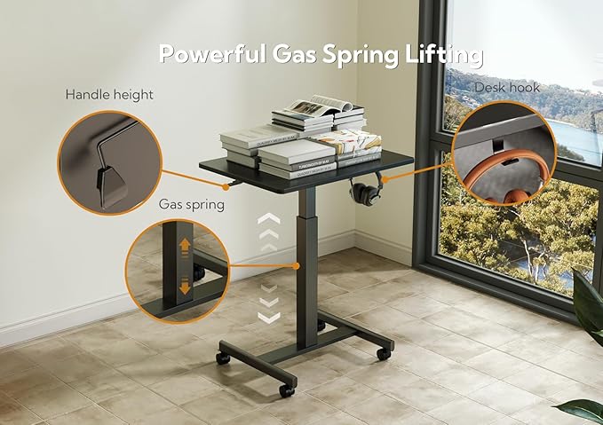 YDN Mobile Mobile Standing Desk, Adjustable Height Portable Laptop Desk with Lockable Wheels, 25.5" x 18.8" Rolling Desk with Hook for Computer Workstation, Black