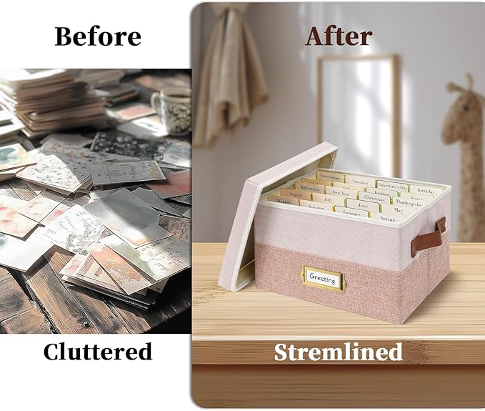 Vienrose Greeting Card Organizer Box with 20 Removable Dividers, 84 Self-Adhesive Labels, Foldable Storage Box Great for Greeting Cards, Photos, Envelopes, Stickers, Postcards Light Pink&Lotus