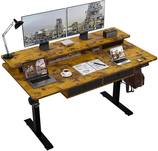 ExaDesk Electric Standing Desk, 63 * 30 Inches Adjustable Height with 4 Drawers, Double Storage Shelves Stand Up Desk, Home Office Workstation Sit Stand up Desk (Rustic Brown)