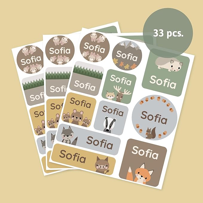 Large Name Labels for Kids (33) - Custom Stickers for Daycare and School Supplies - Durable, Waterproof Stickers for Water Bottles, Lunch Boxes, and More with Unique Designs - Forest Animals
