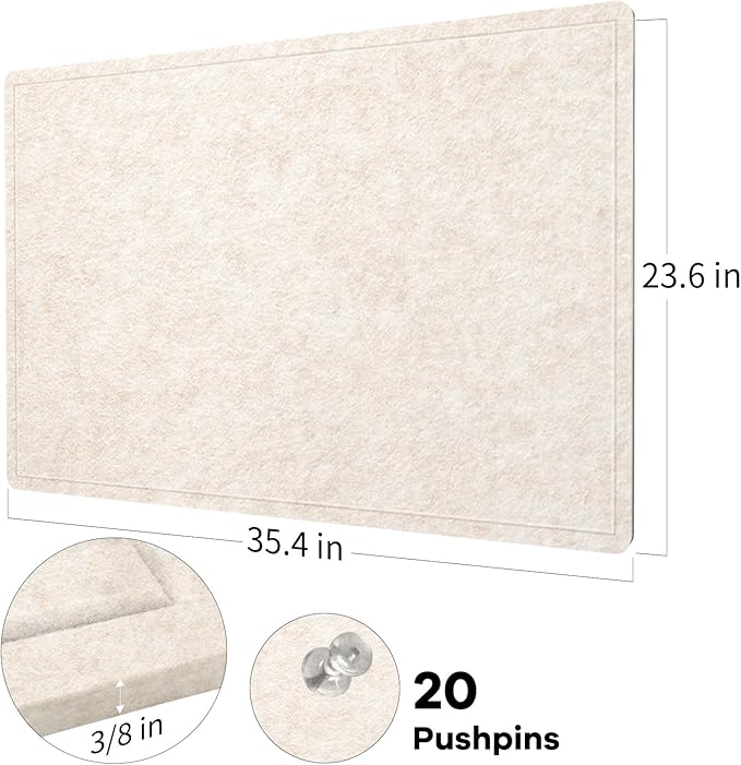 Bulletin Board, 36 x 24 inches Felt Board - Decorative Pin Board, Cork Board Alternative for Wall, 3' x 2' Foldable Self-Adhesive Vision Board Prayer Board with 20 Pushpins - Oatmeal