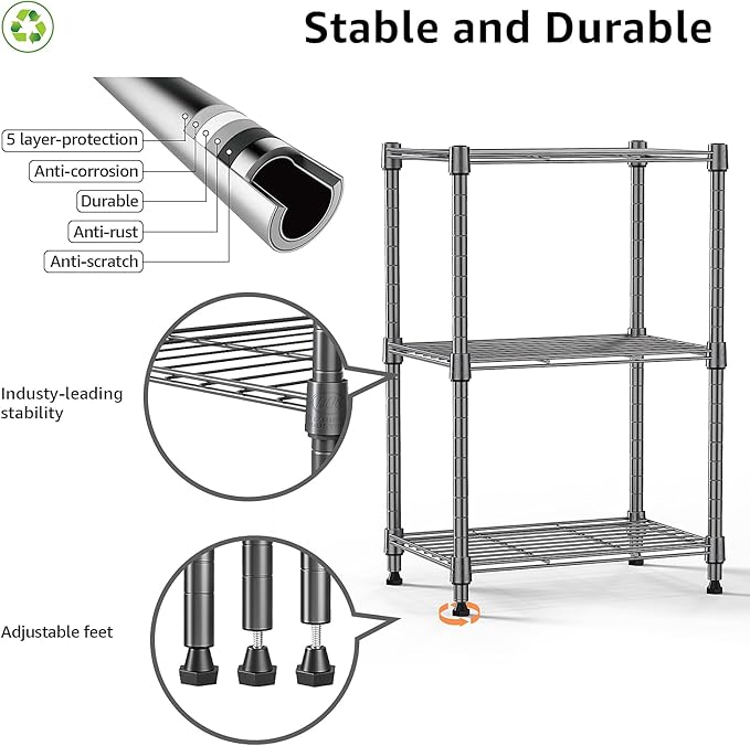 M MZG 450 lbs Steel Storage Shelving 3-Tier Utility Shelving Unit Steel Organizer Wire Rack for Home,Kitchen,Office (11.8" D x 17.7" W x 26.3" H) | 450 lbs, for Home, Kitchen, Office