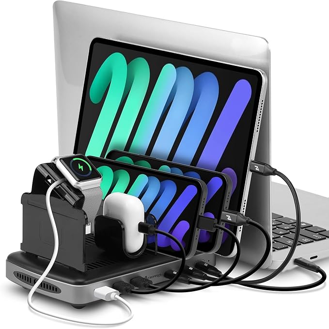 AceProAV 160W 6-Port USB-C and USB-A Charging Station Organizer with 140W PD 3.1 – Includes Cables – for MacBook, iPhone, iPad, AirPods, Smartphones, Tablets, and Gaming Devices