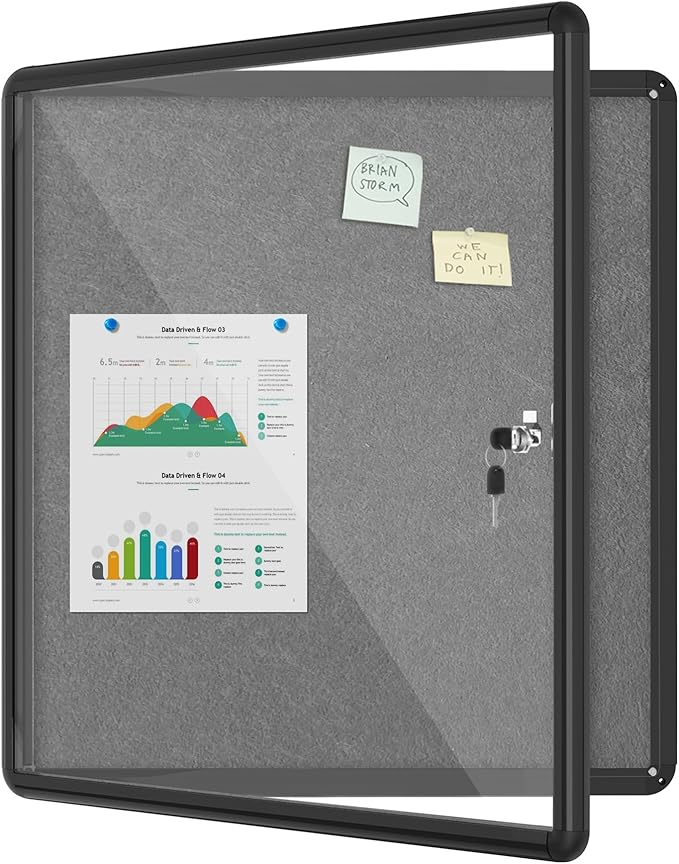 Mifuro 28"x26" Enclosed Bulletin Board, Lockable Weather-Resistant Aluminum Cork Noticeboard for School & Office, Black Frame w/Grey Flet
