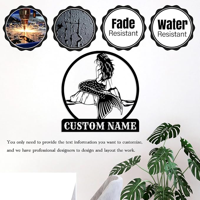 Custom Mermaid Metal Sign,Personalized Mermaid Name metal Signs,Mermaid Wall Decor,Beach Theme Decor, Girls Mermaid Room Decor,Metal Wall Decor (Style-3)