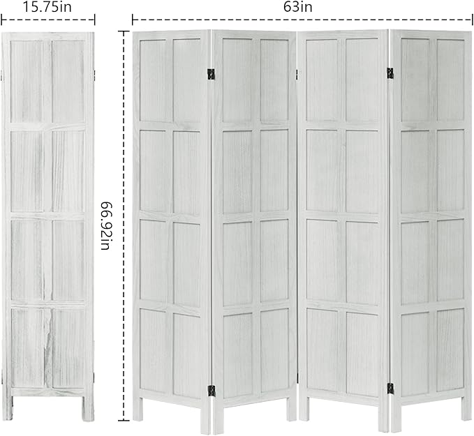 Leesinwing Wood Room Divider 4 Panel Folding Privacy Screen, Classic 5.6Ft Indoor Wooden Partition, Portable Partition Wall Divider for Room Separation, Home, Office, Bedroom, Restaurant (White)
