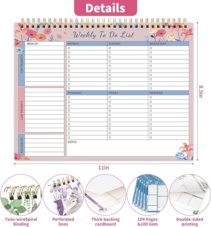 104 Pgs Weekly To Do List Notepad, 52 Duplex-Printed Undated Sheets 100 GSM（8.5"×11") Weekly Desk Planner For Work Home School Office Desk Accessories Supplies & Goal Setting Tasks -Pink Floral