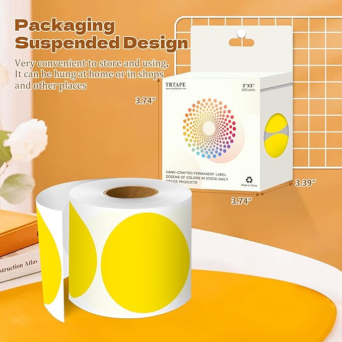3 Inch Round Color Coding Labels (500 per Roll) - Colored Dot Stickers Round Labels for Inventory, Warehouse, Office Organizing - Yellow Circle Stickers