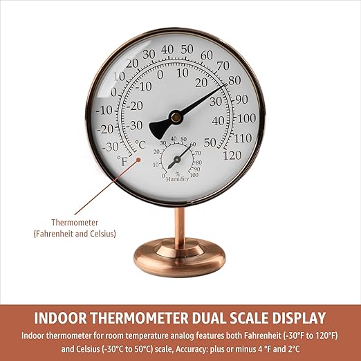 Foxyoo 4-Inch Indoor Thermometer and Humidity Gauge, Room Analog Temperature and Humidity Monitor, Dual Scale Display, Brass Dial with Stand, Battery-Free for House, Home, Desk, Bedroom, Garage, RV