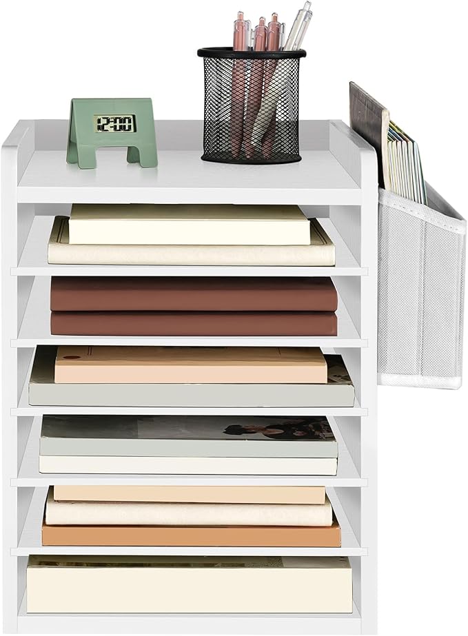 HOOBRO Adjustable Countertop Mail Sorter, 6 Tier Wooden Paper Organizer, Vertical Literature Organizer with Side Storage, Office Mailbox Cubbies, Classroom Mailbox, for Home, Office, White WT34WF01