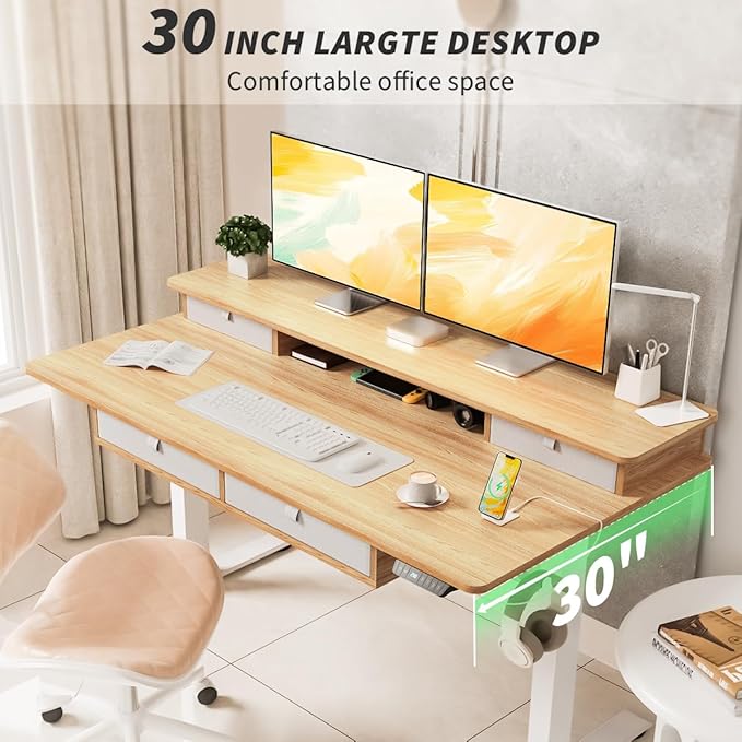Kingant 48 x 30 Inch Electric Standing Desk with 4 Drawers, Adjustable Height Computer Desk for Home Office, Large Workstation Sit Stand Up Desk with Built-in USB A/C Charging Ports, Nature