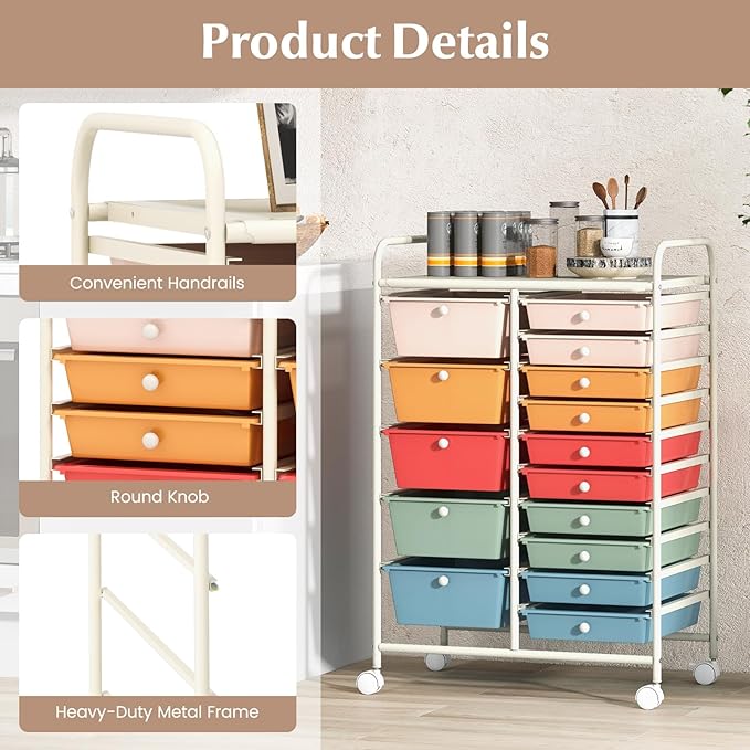 DORTALA 15-Drawer Rolling Storage Cart with Drawers, Rolling Utility Cart w/Removable Drawers & Universal Wheels, Tools Scrapbook Paper Organizer for School, Office, Home, Classroom (Macaroon Color)