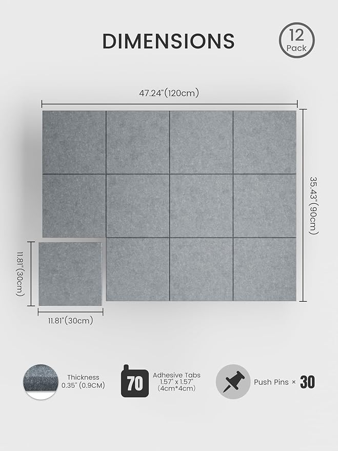 Bumusty Large Cork Board 47"x35" Alternative - 12 Pack Felt Wall Tiles with 70 Safe Removable Adhesive Tabs, 30 Pushpins, Cork Boards for Walls Pin Board Tack Board Cork Board (Silver Mink)