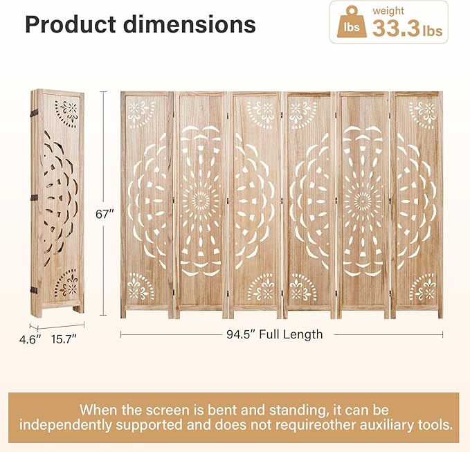 66.9Inch Wooden Room Partition - 6 Panels Boho-Styled Space Room Divider for Home/Office, Headboard & Yoga/Photo/Video Call Backdrop (Natural)