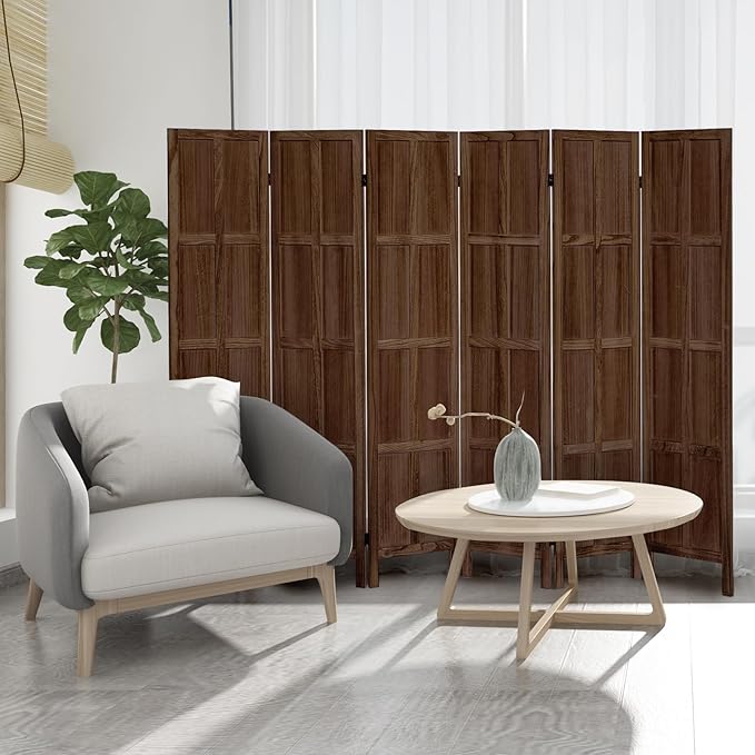 Leesinwing Wood Room Divider 6 Panel Folding Privacy Screen, Classic 5.6Ft Indoor Wooden Partition, Portable Partition Wall Divider for Room Separation, Home, Office, Bedroom, Restaurant (Brown)
