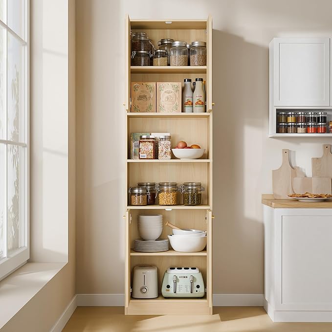 Cozy Castle Kitchen Pantry Cabinet, 75" Tall Wood Storage Cabinet with Doors and Shelves, 4 Doors Open Countertop Utility Hutch Cupboard for Dining Room Living Room Bathroom Furniture, Oak