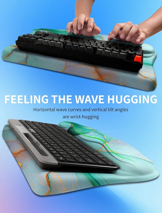 KUOSGM Ergonomic Wave Wrist Rest with Keyboard Stand, Cushioned Palm Rest, Comfortable Integrated Memory Foam for Natural Typing and Relieve Wrist Pain, Green Gold Marble