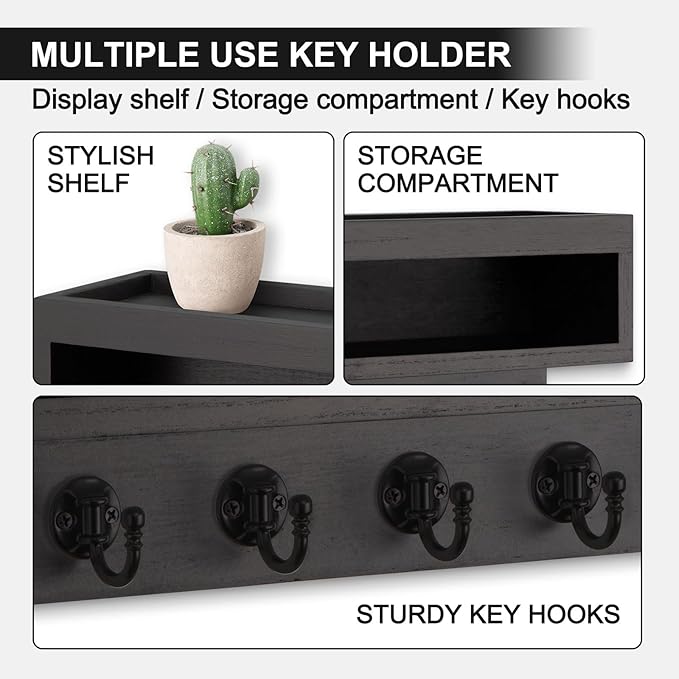 Lucundm Key and Mail Holder Wall Mount, Key Hanger with Long Storage Box and 6 Hooks for Coat, Dog Leash, Home Decor Rack, House Accessories, Entry Way Organizer (Black)