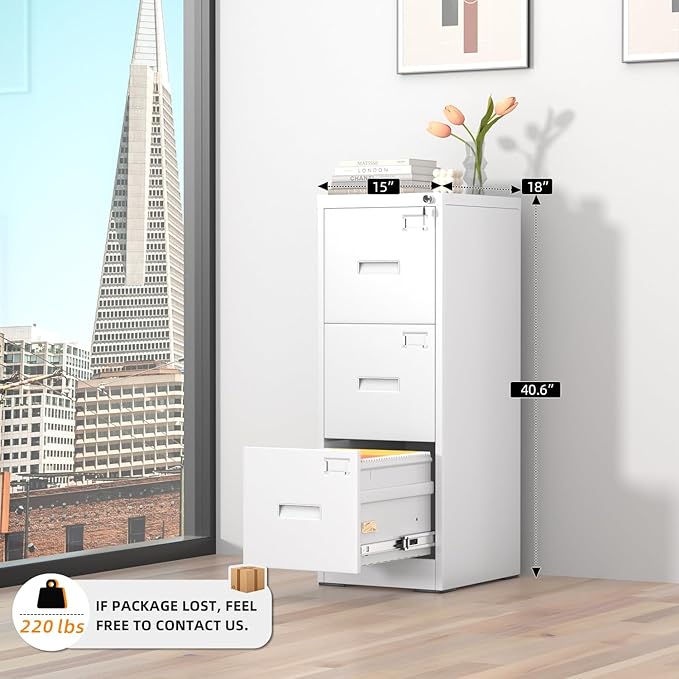 INTERGREAT 3 Drawer File Cabinet, White Metal Filing Cabinet with Lock, Locking Tall File Cabinets with 4 Adjustable Hanging Frame for Home Office, Name Tag