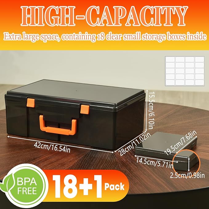 Photo Storage Box 5 x 7 Inches, 18 Inner Photo Cases with Dividers, Black Acid-Free Photo Storage Containers with Handle, Photo Organizer Craft Keeper for Stickers, Craft, Stamp