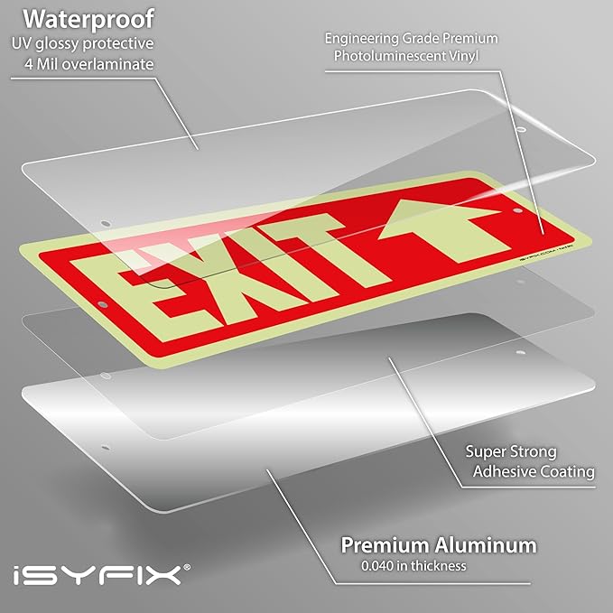 iSYFIX Exit Signs with Directional Up Arrow, Glow in the Dark, Photoluminescent Aluminum 12x4 Inch - 2 Pack, Laminated for UV & Weather Resistance, Ideal for Offices, Schools, Theaters & More