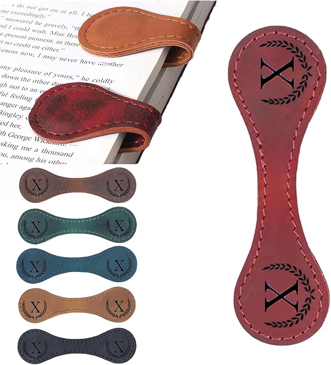 Personalized Magnetic Leather Bookmark, 26 Letters Custom Leather Bookmarks, Handmade, Leather Magnetic Bookmark for Book Lovers Readers Women Kid(Red，X）