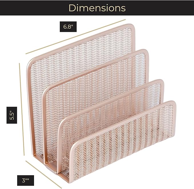 BLU MONACO Rose Gold Metal Mesh Letter Sorter | 3-Slot Vertical Mail Organizer for Desk, Office and Home | Compact Mail Holder for Envelopes, Documents and Files | Modern Desktop Organizer