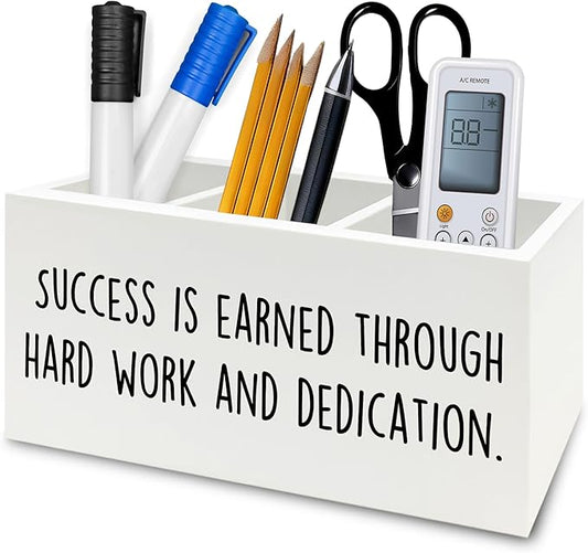 QZQE Motivational Gifts Pen Pencil Holder Organizer for Desk, Success Is Earned Through Hard Work and Dedication Inspirational Wooden Box Signs Decorations for Home Office Desk Tabletop