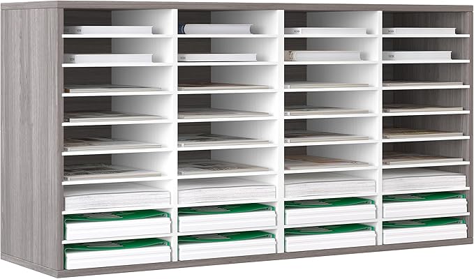 EasyPAG Wooden Literature Organizer with Adjustable Shelves, 36 Compartments Office Paper Organizer Storage 18000 Sheets Letter Size Paper, Student Mailbox for Classroom, Retro Gray/White