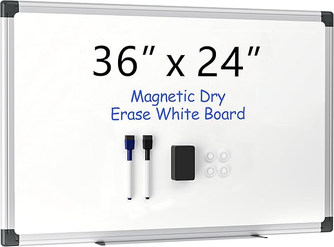 VUSIGN 36" x 24" Magnetic Whiteboard for Wall, Dry Erase Board with Silver Aluminum Frame, Hanging White Board for Office, Home, Classroom – Includes 1 Eraser, 2 Multicolor Markers & 4 Magnets