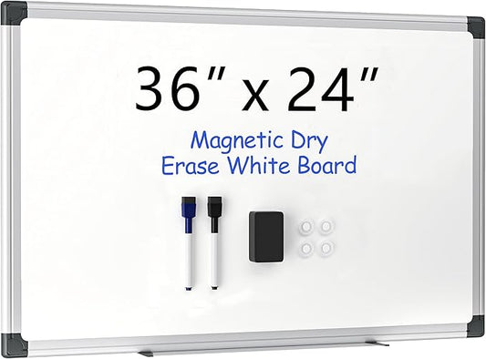 VUSIGN 36" x 24" Magnetic Whiteboard for Wall, Dry Erase Board with Silver Aluminum Frame, Hanging White Board for Office, Home, Classroom – Includes 1 Eraser, 2 Multicolor Markers & 4 Magnets