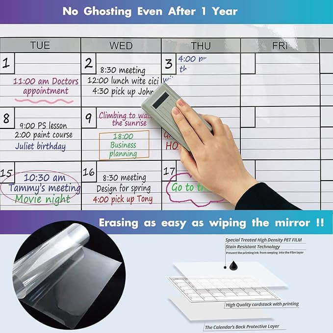 Magnetic-Receptive Dry Erase Two Month Laminated Jumbo Wall Calendar, 38" x 50",Big Whiteboard Calendar with Iron Sheet Backing-Works with Magnetic Markers Eraser, Giant Blank Poster with Square