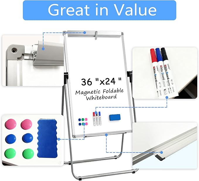 KIZZBY Double Sided White Board with Stand - 36" x 24" Portable Magnetic Flip Easel Whiteboard U-Stand Height Adjustable & 360° Rotation Dry Erase Board for Home Office Classroom