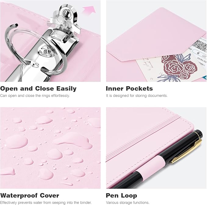 Ospelelf Leather Mini Binder Vintage Hardcover 2 Inch Rings, Professional Small 3 Ring Binders Organizer Suitable for 5.5" x 8.5" Documents, Binder Dividers with Tabs, Pink