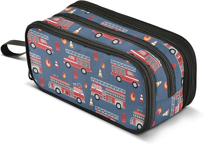 BOENLE Fire Trucks Pencil Case Box Boys Girls Large Pencil Pouch with Zipper Compartments Big Capacity Stationery Pen Bag Organizer for Kids Teens Adults School Office