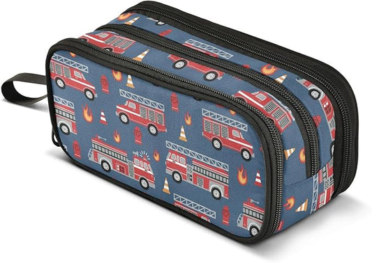 BOENLE Fire Trucks Pencil Case Box Boys Girls Large Pencil Pouch with Zipper Compartments Big Capacity Stationery Pen Bag Organizer for Kids Teens Adults School Office