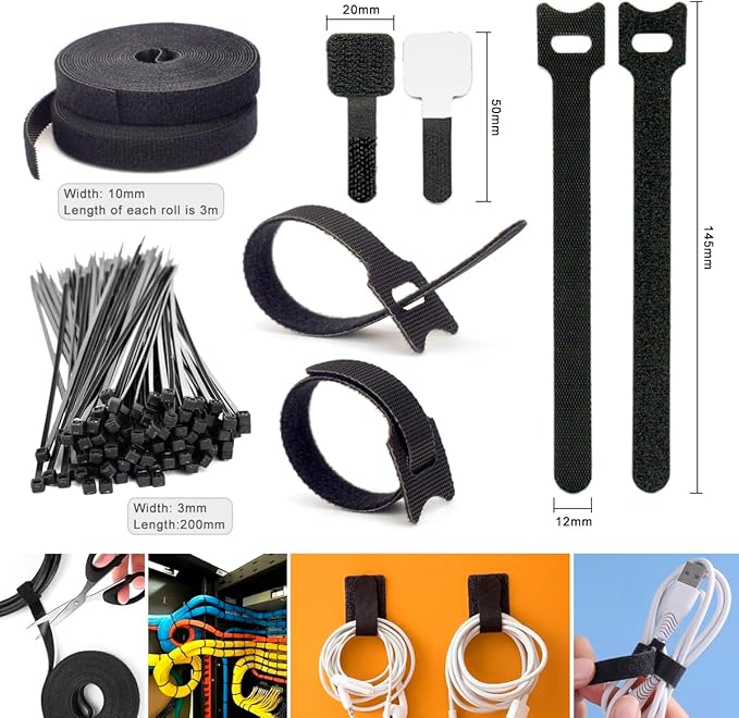 ZIIYAN 163 PCS Cable Management Kit, 3 Wire Organizer Sleeve, 8 Self Adhesive Cable Holder, 25 Cord Clips, 20+2 Roll Reusable Cable Straps and 100 Fastening Cable Ties for Computer TV Under Desk