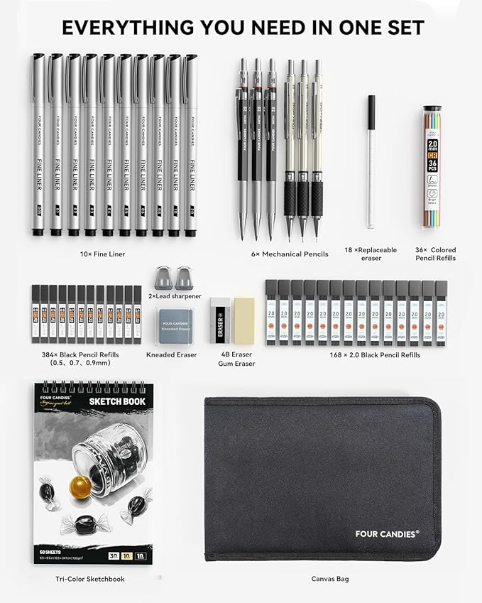 Four Candies 52pcs Art Supplies Sketching & Drawing Kit with 10 Micron Fineliner Pens, 6 Drafting Mechanical Pencils,3-Color Sketchbook,27 Lead Refills,School Supplies Gifts for Beginners Adults Teens