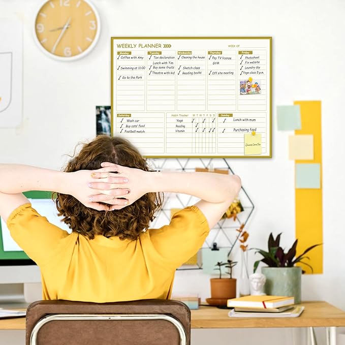 Gold Weekly Dry Erase Board for Wall,12"x16",Small Magnetic Dry Erase Weekly Calendar Board,Gold Metal Frame Weekly Planner Whiteboard for to Do List, Memo, School, Home, Office, Kitchen-GZ