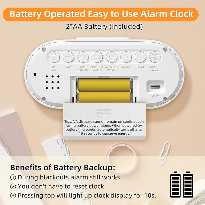 DOOMAY Digital Alarm Clock for Bedroom: Dual Alarm Bedside Clock VA LCD Display with Seconds, 9-Minute Snooze and Weekend Mode, 3 Brightness, 4 Alarms and 3 Volume Levels，Type C & Battery Included