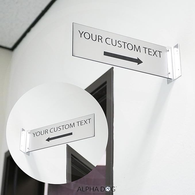 ALPHA DOG SIGNS Custom Projecting Hallway Sign, 4"x12" Double-Sided Business Plaque Left Arrow, Personalized Indoor Outdoor Wayfinding, Easy Install, Durable, Made in USA (Brushed Stainless)