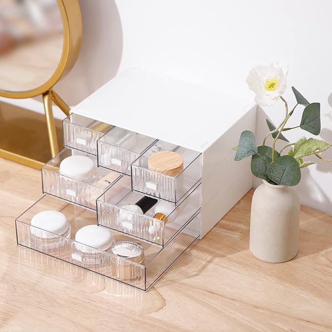 Ykpoqir Desk Organizer Stackable Storage with 6 Drawers Stackable Drawers for Desk Storage, Makeup Storage Accessories, Desktop Accessories with Drawers, White