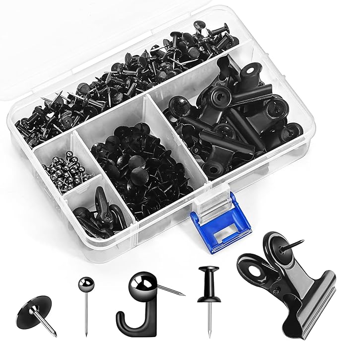 GOOLADA 315Pcs Decorative Push Pins,5 Style Cork Board Pins, Black Metal Push Pins, Push Pin Clips for Bulletin Board, Cute Thumb Tacks, Black Office Supplies for School and Home