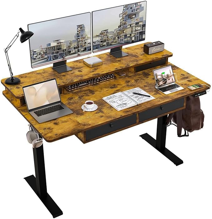 ExaDesk 55 * 30 Inches Electric Standing Widened Desk Adjustable Height with 4 Drawers, Double Storage Shelves Stand Up Desk, Home Office Workstation Sit Stand up Desk (Rustic Brown)