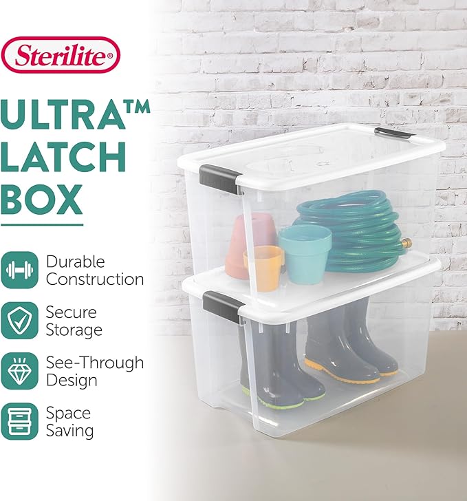 Sterilite 16-Pack Ultra Latching Box, Storage Bins with Lids, Clear Plastic, 70 Quart - Heavy-Duty Organizing Containers for Closet, Bathroom, and Office