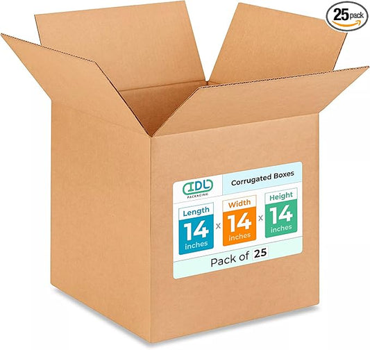 Medium Cube Moving & Shipping Boxes 14"L x 14"W x 14"H (25-Pack) - Extra Strength 200 lb vs Regular - Corrugated Packaging Boxes - Heavy Duty Shipping Box - Cardboard Packing Box by IDL Packaging