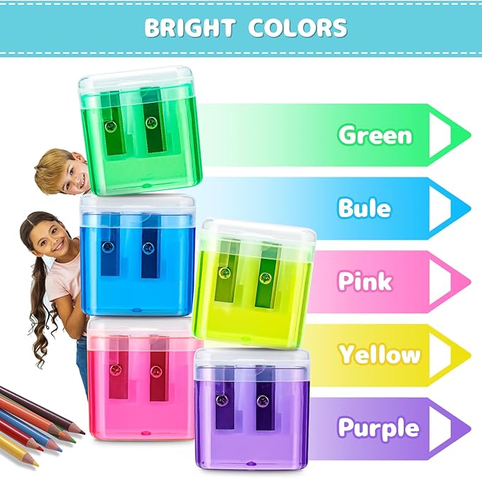 60 Pack Pencil Sharpeners Bulk - Colored Handheld Pencil Crayon Double Hole Sharpener, School Classroom Supplies